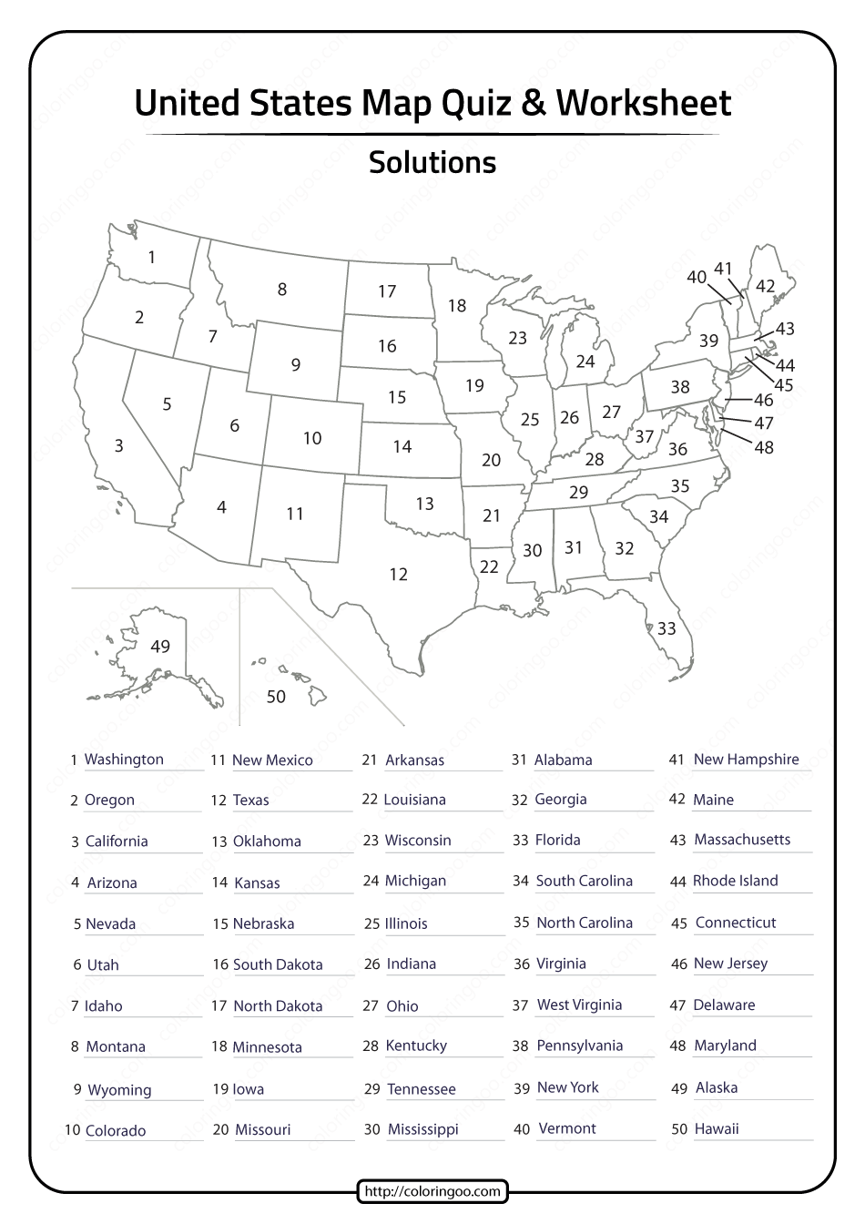 Printable 50 States In United States Of America Map