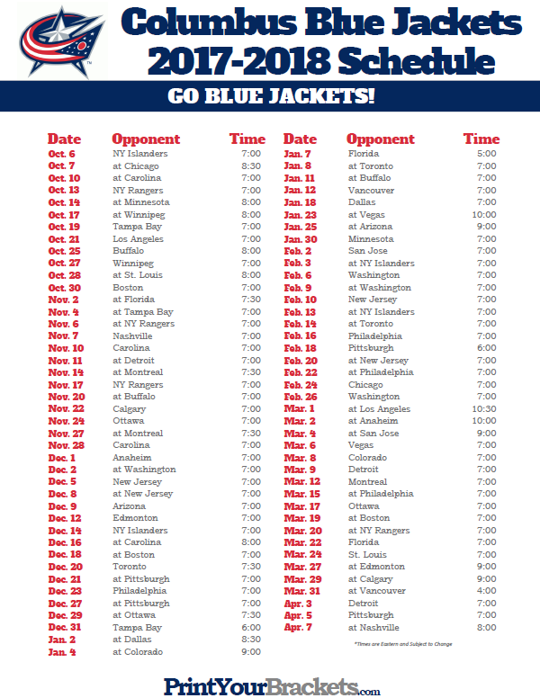 Printable Columbus Blue Jackets 2017 2018 Schedule 