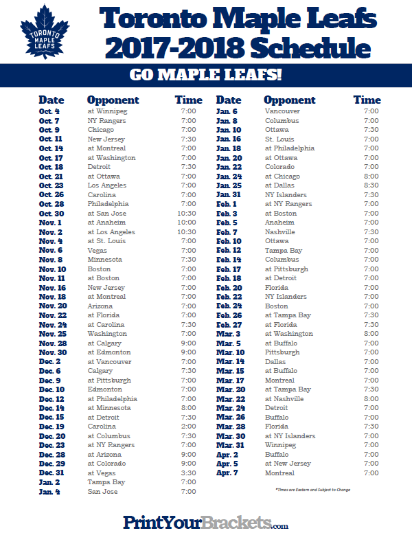 Printable Toronto Maple Leafs 2017 2018 Schedule