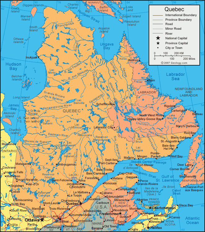 Quebec Map Satellite Image Roads Lakes Rivers Cities