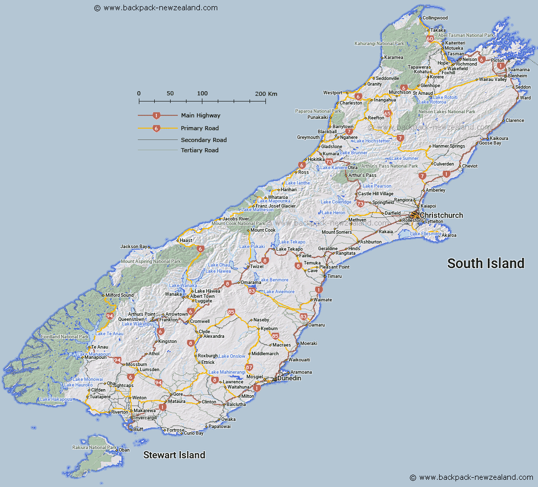 South Island Map New Zealand Road Maps