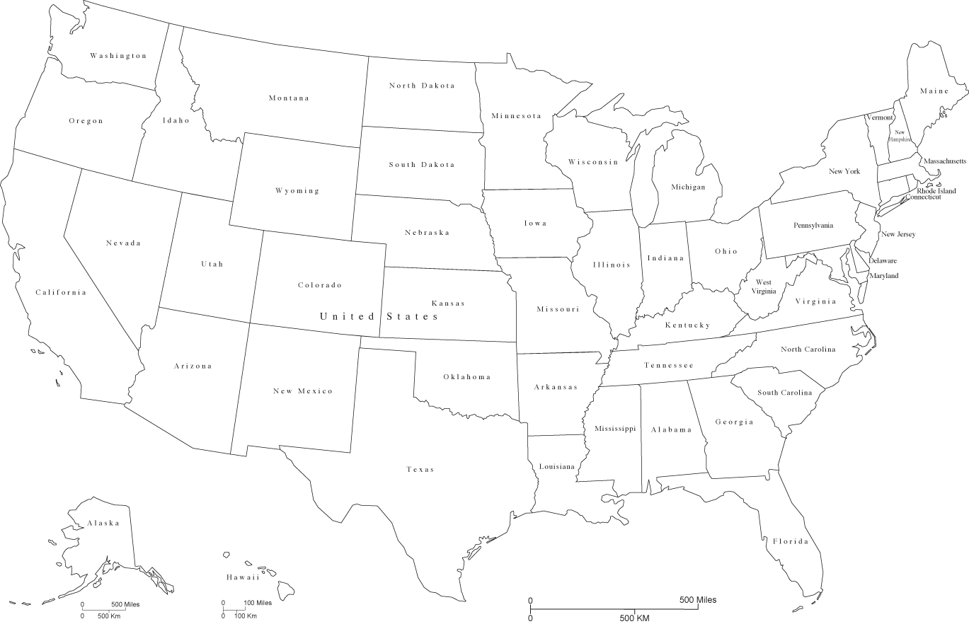 United States Black White Map With States And State 