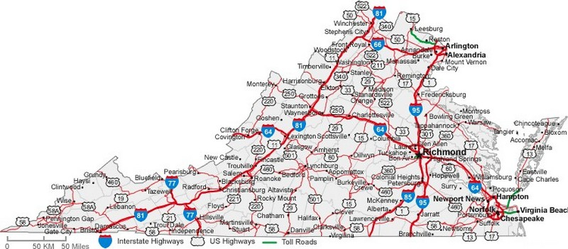 Virginia State Road Map With Census Information