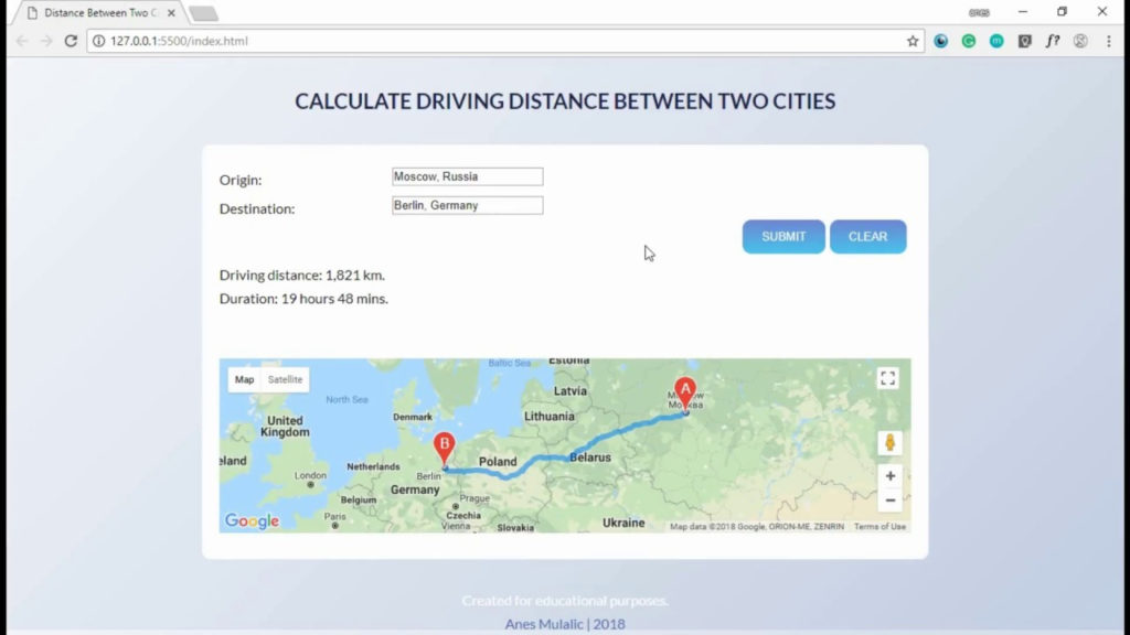 Distance Calculator Google Maps Distance Matrix API 