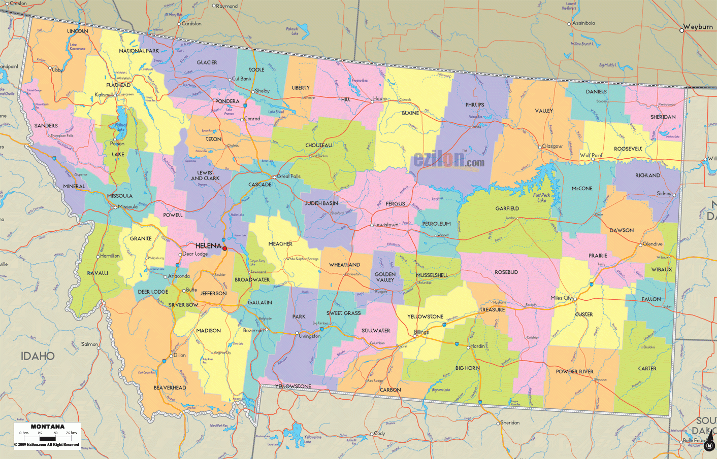 Detailed Political Map Of Montana Ezilon Maps