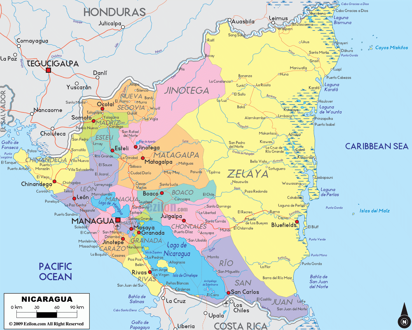 Detailed Political Map Of Nicaragua Ezilon Maps