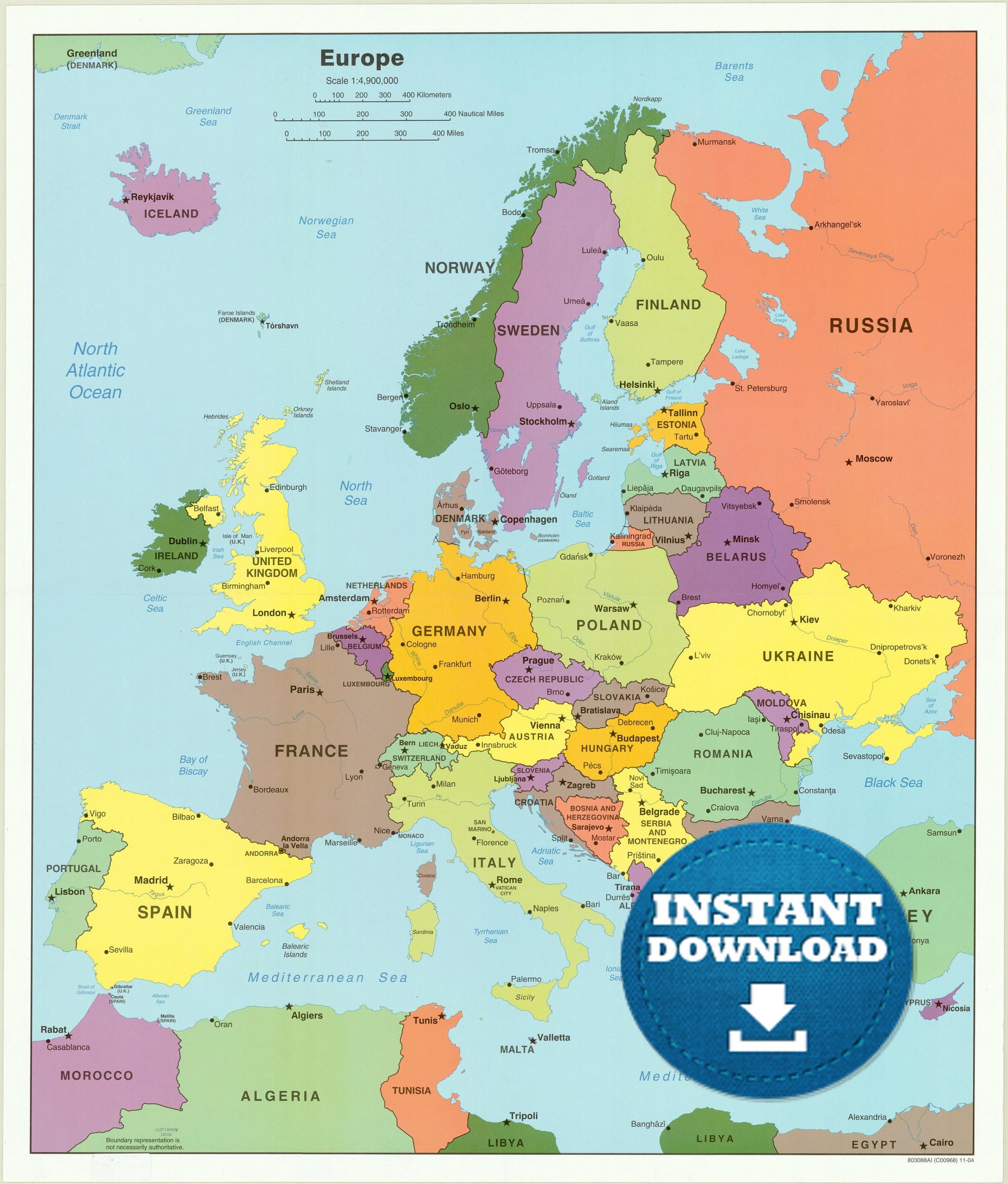 Digital Modern Map Of Europe Printable Download Large 