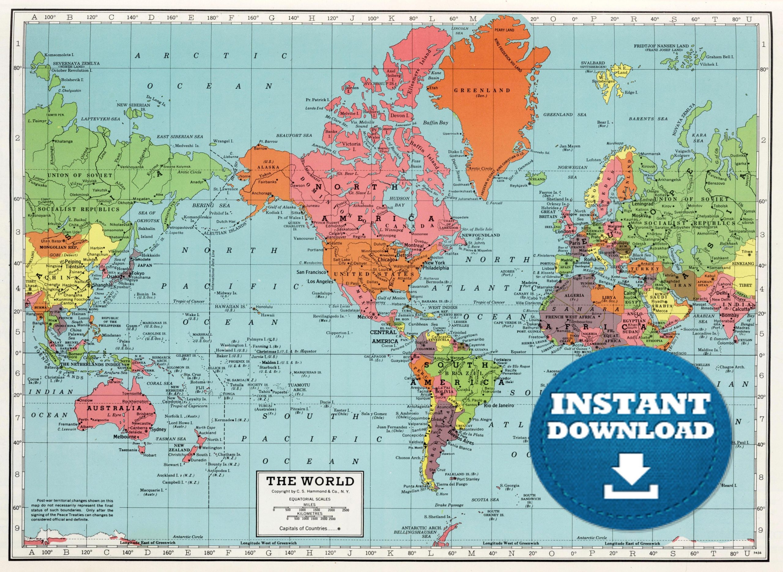 Digital Old World Map Printable Download Vintage World 