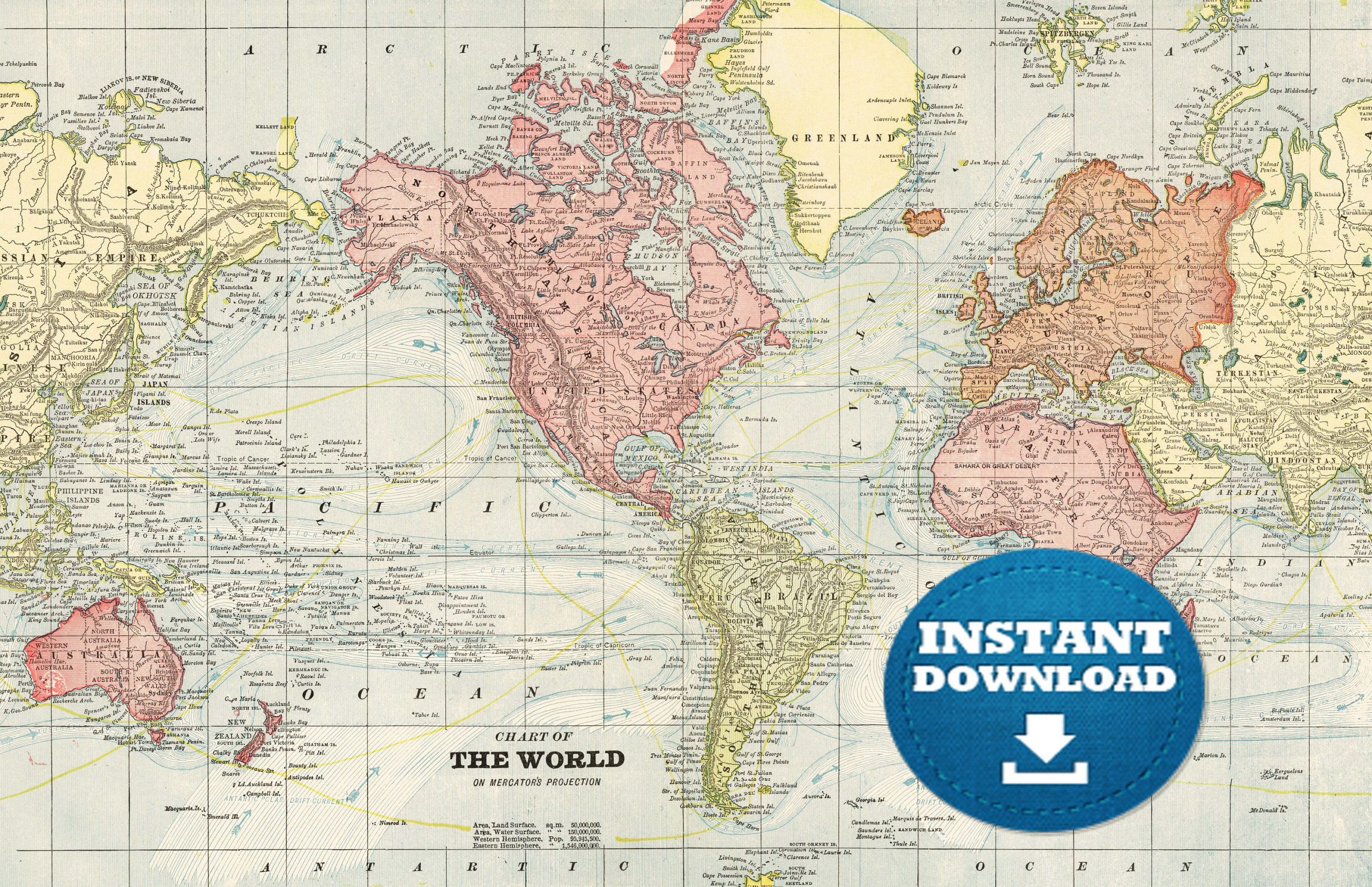 Digital Old World Map Printable Download Vintage World 