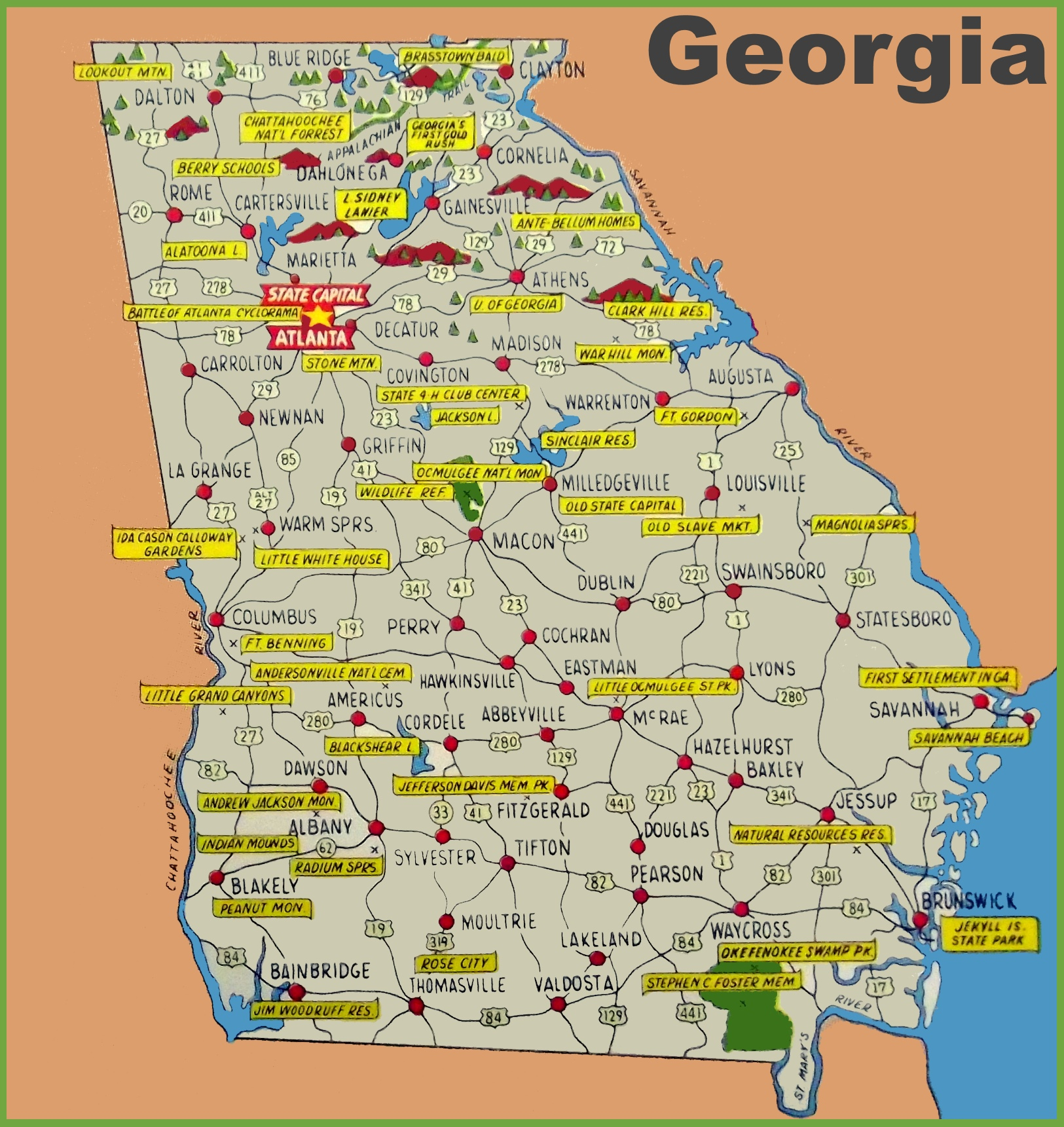 Illustrated Tourist Map Of Georgia Illustrated Tourist Map Of Georgia