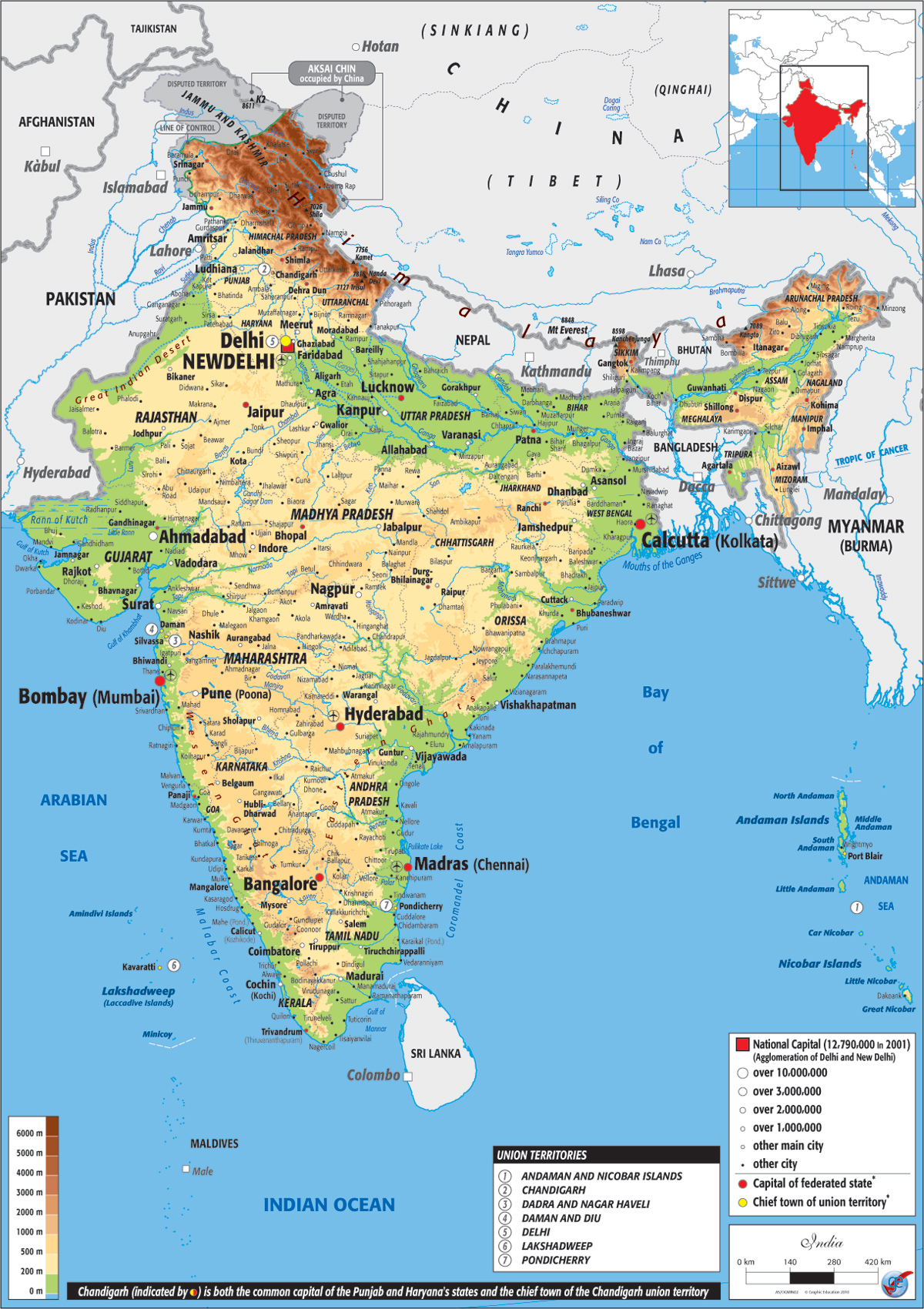 India Physical Map Graphic Education