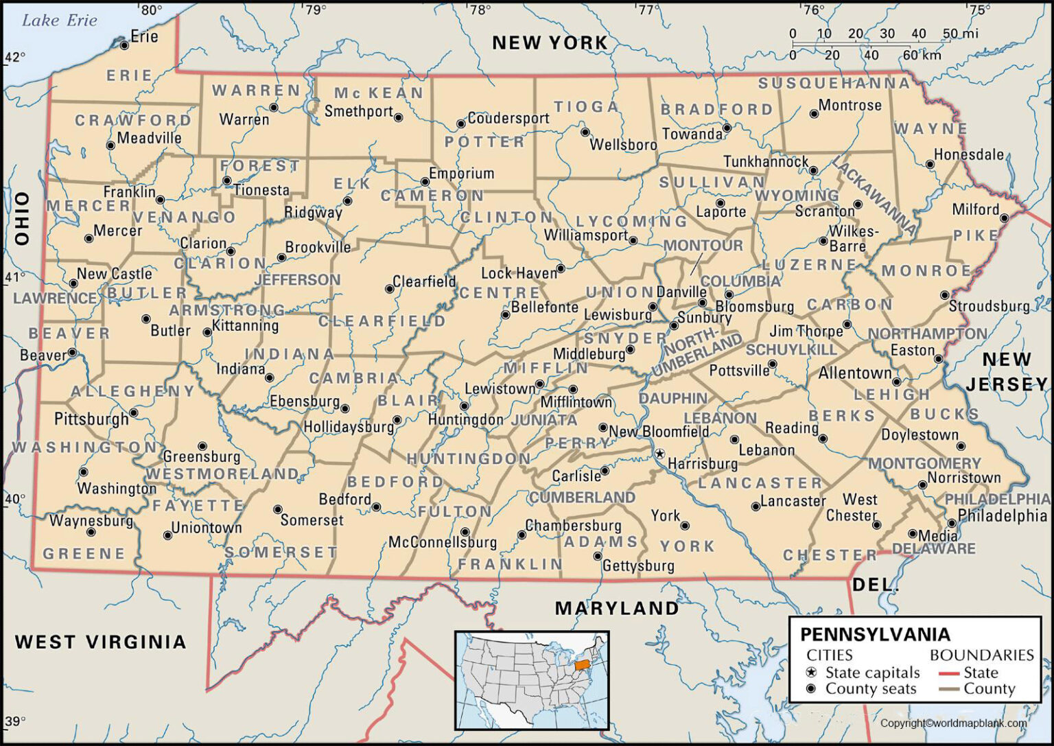 Labeled Map Of Pennsylvania With Capital Cities