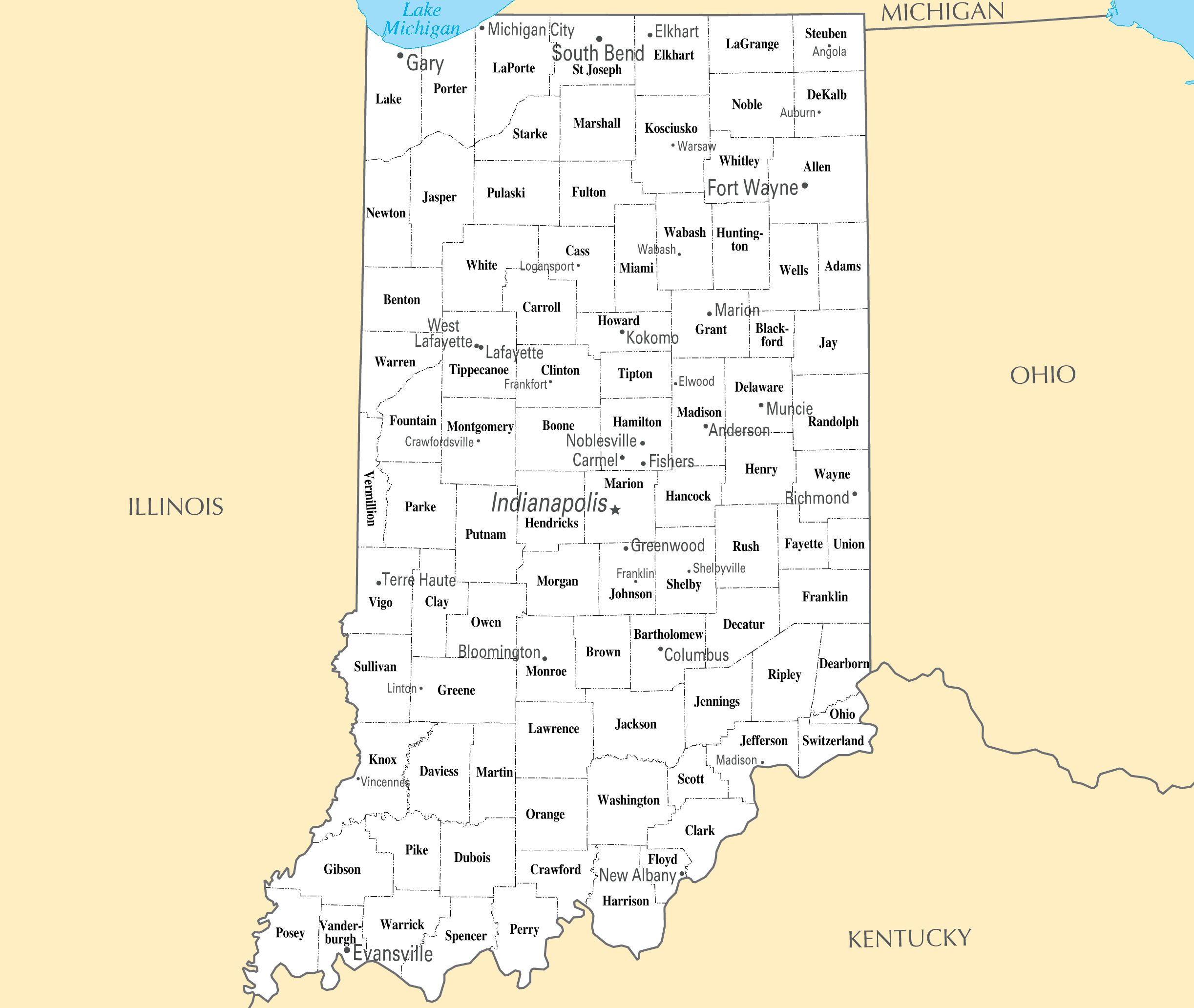 Laminated Map Large Administrative Map Of Indiana State Laminated Map Large Administrative Map Of Indiana State