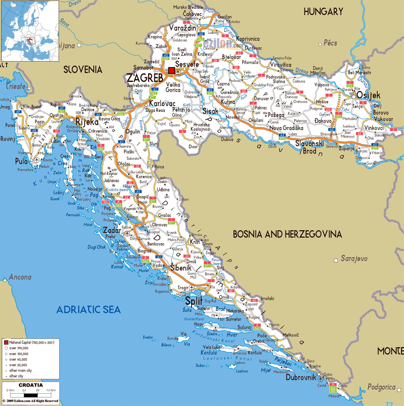 Large Road Map Of Croatia With Cities And Airports 