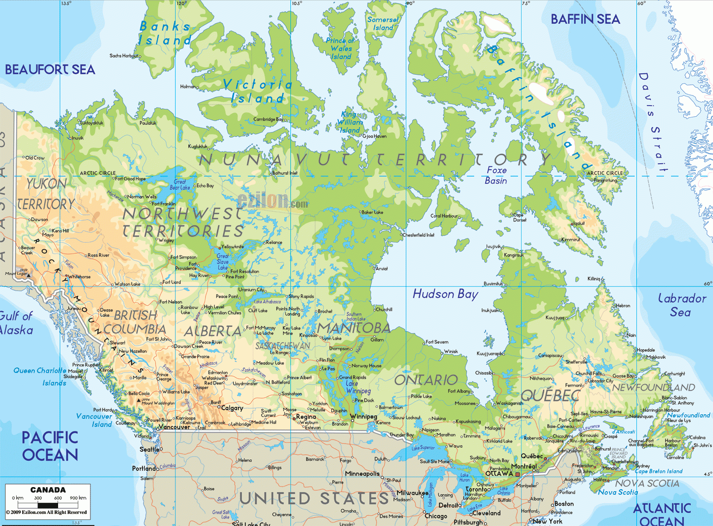 Physical Map Of Canada Ezilon Maps