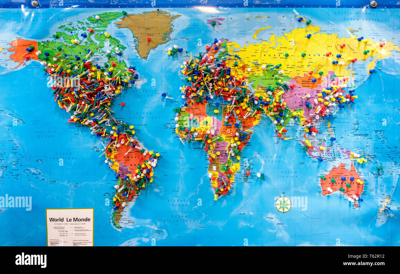 Push Pins Marking Locations On A World Map Stock Photo Alamy