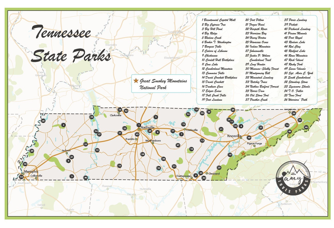 Tennessee State Parks Map Etsy