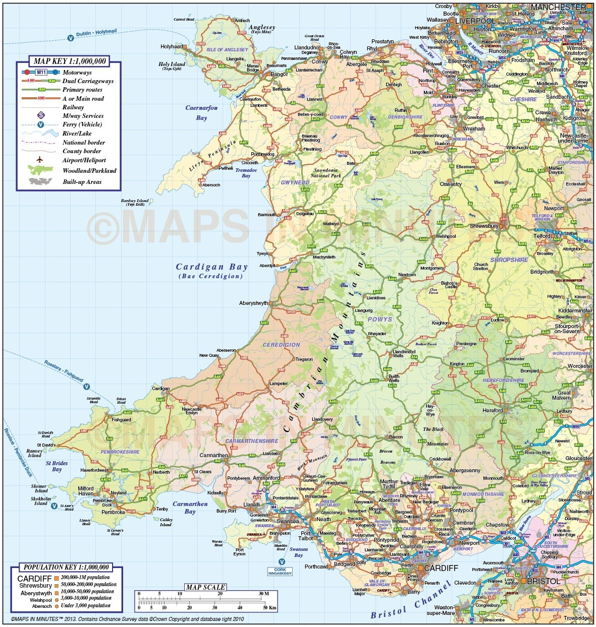 Wales 1st Level County Road Rail Map 1m Scale In 