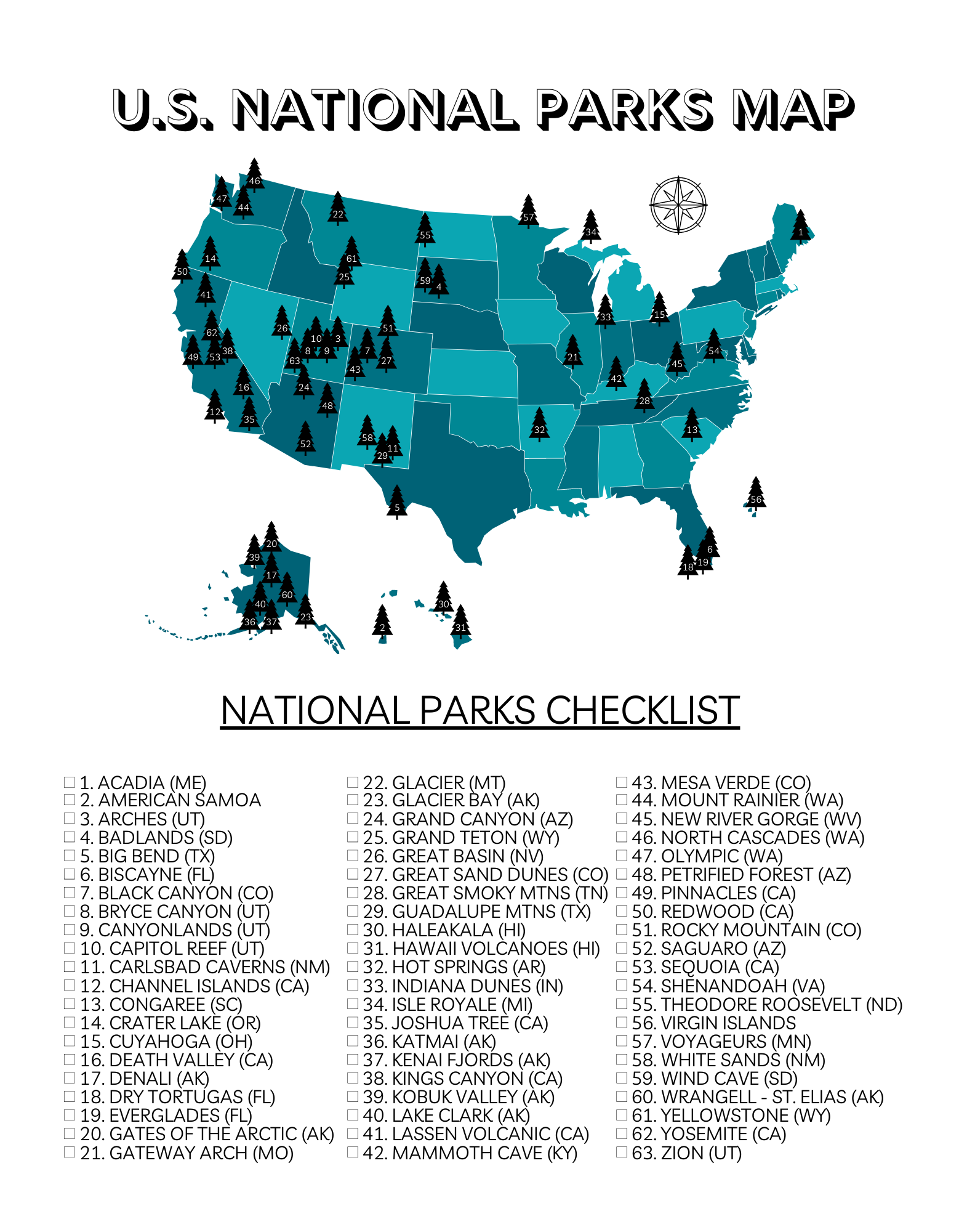 Your Printable U S National Parks Map With All 63 Parks 