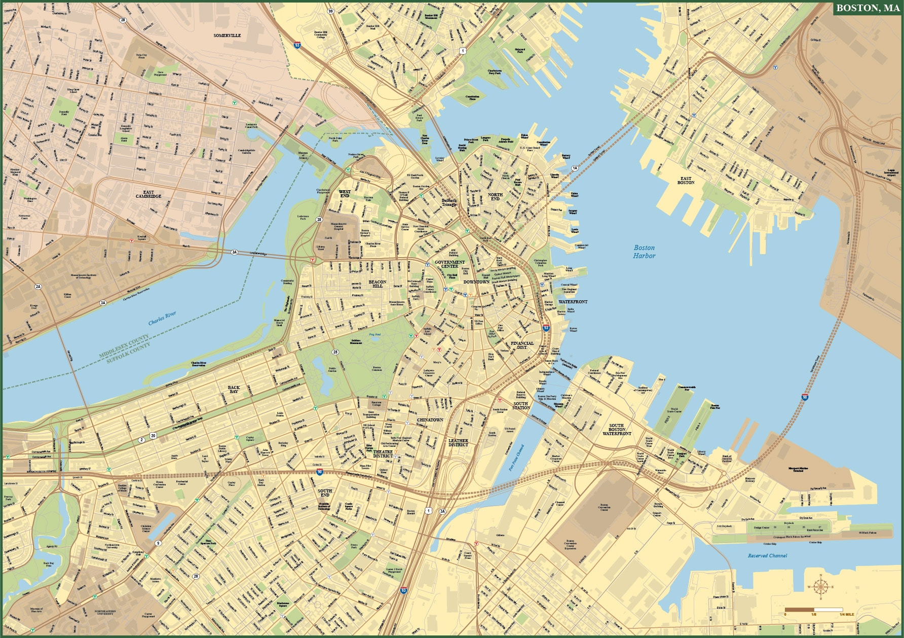 Boston Downtown Map Digital Vector Creative Force