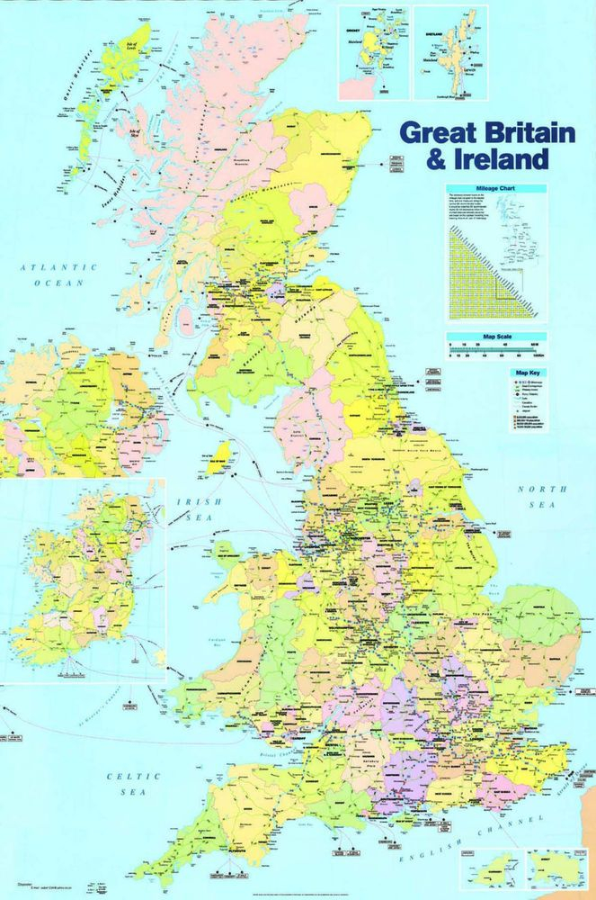 Laminated MAP OF GREAT BRITAIN UK ENGLAND SCOTLAND WALES 