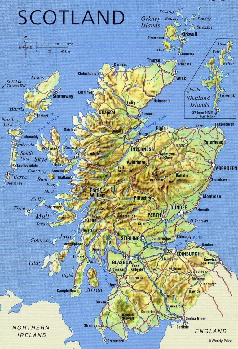 Large Detailed Map Of Scotland With Relief Roads Major