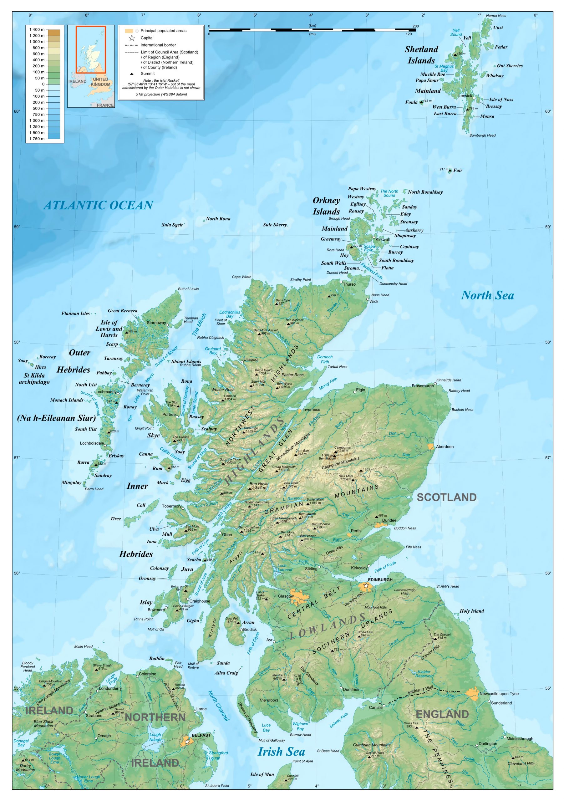 Large Detailed Physical Map Of Scotland Scotland 