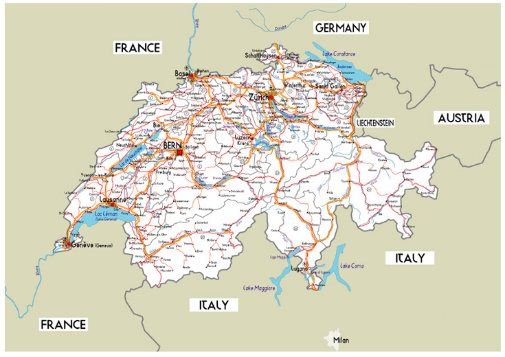 Large Road Map Of Switzerland