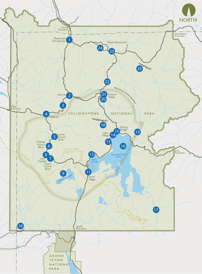 Overview Map Of Yellowstone Facilities And Attractions Overview Map Of Yellowstone Facilities And Attractions