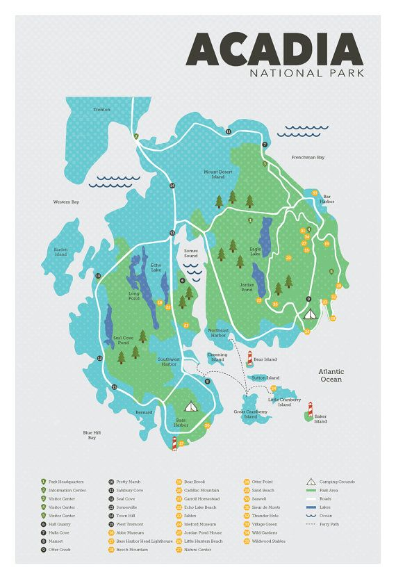 Acadia National Park Map Print Etsy Acadia National 