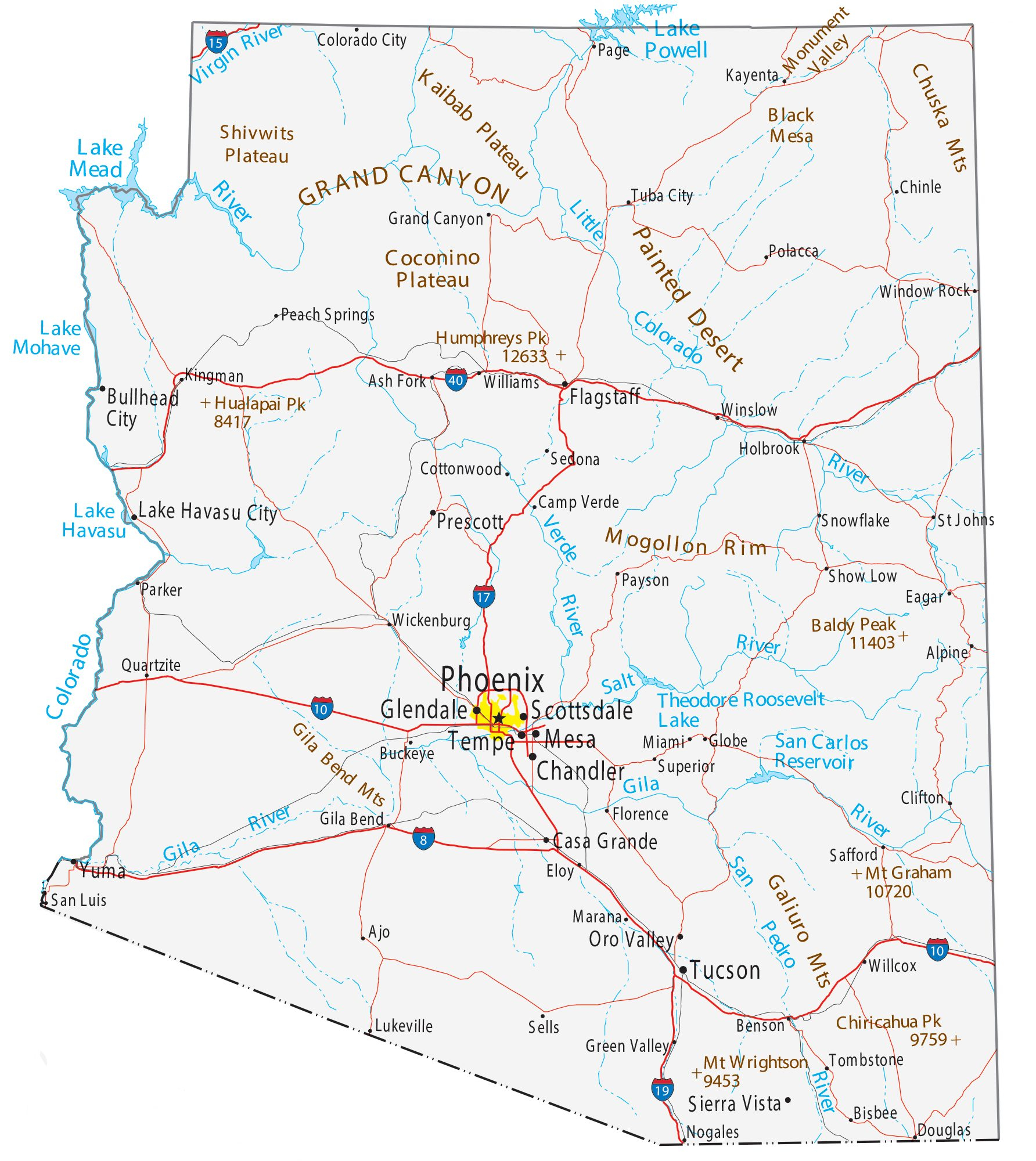 Arizona Map Roads Cities Large MAP Vivid Imagery 