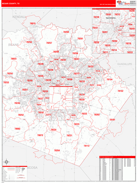 Bexar County TX Zip Code Wall Map Red Line Style By 