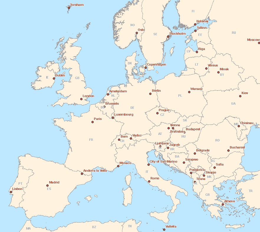 Capital Cities Map Of Europe Rom Berlin Madrid