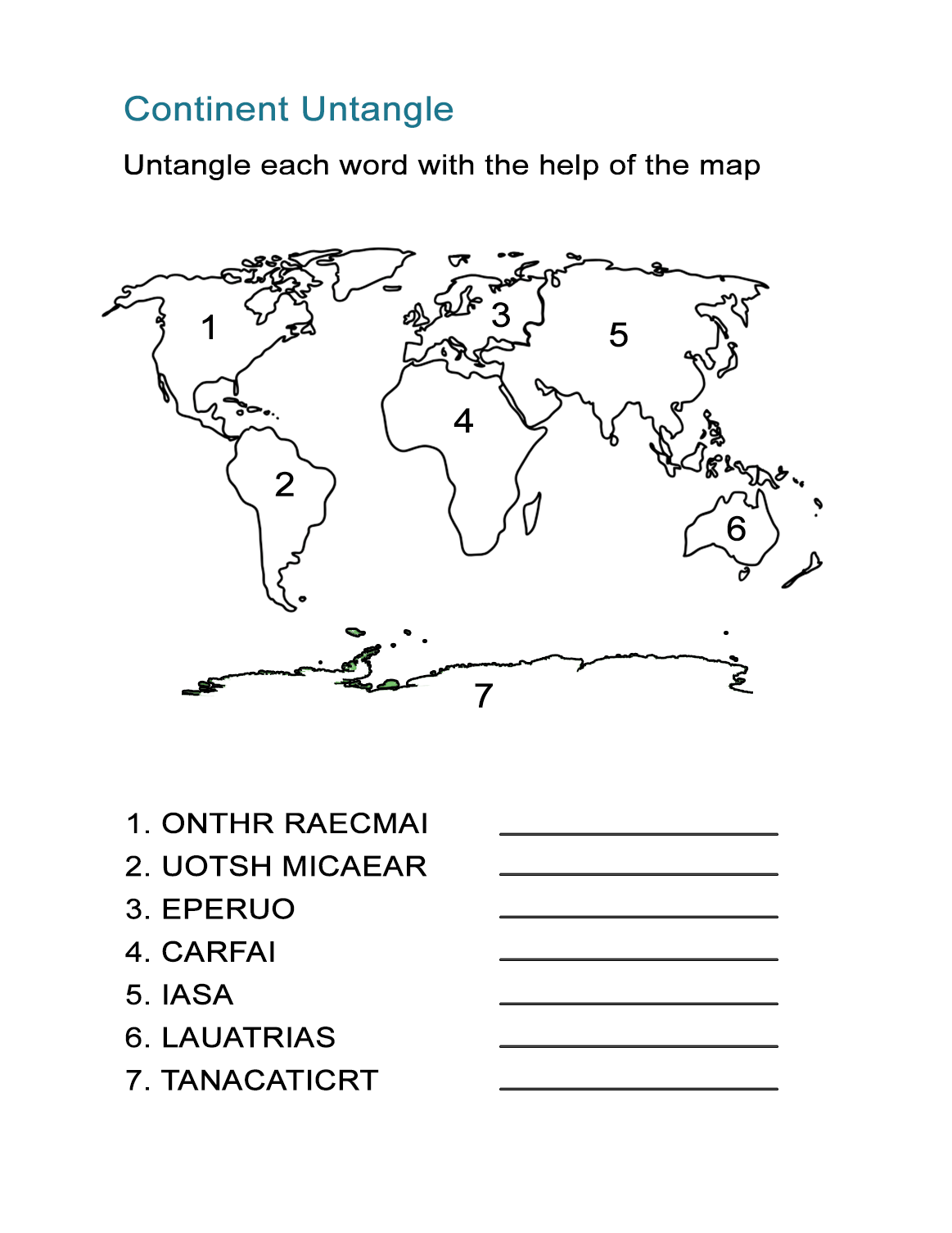 Continents Spelling Worksheet ALL ESL