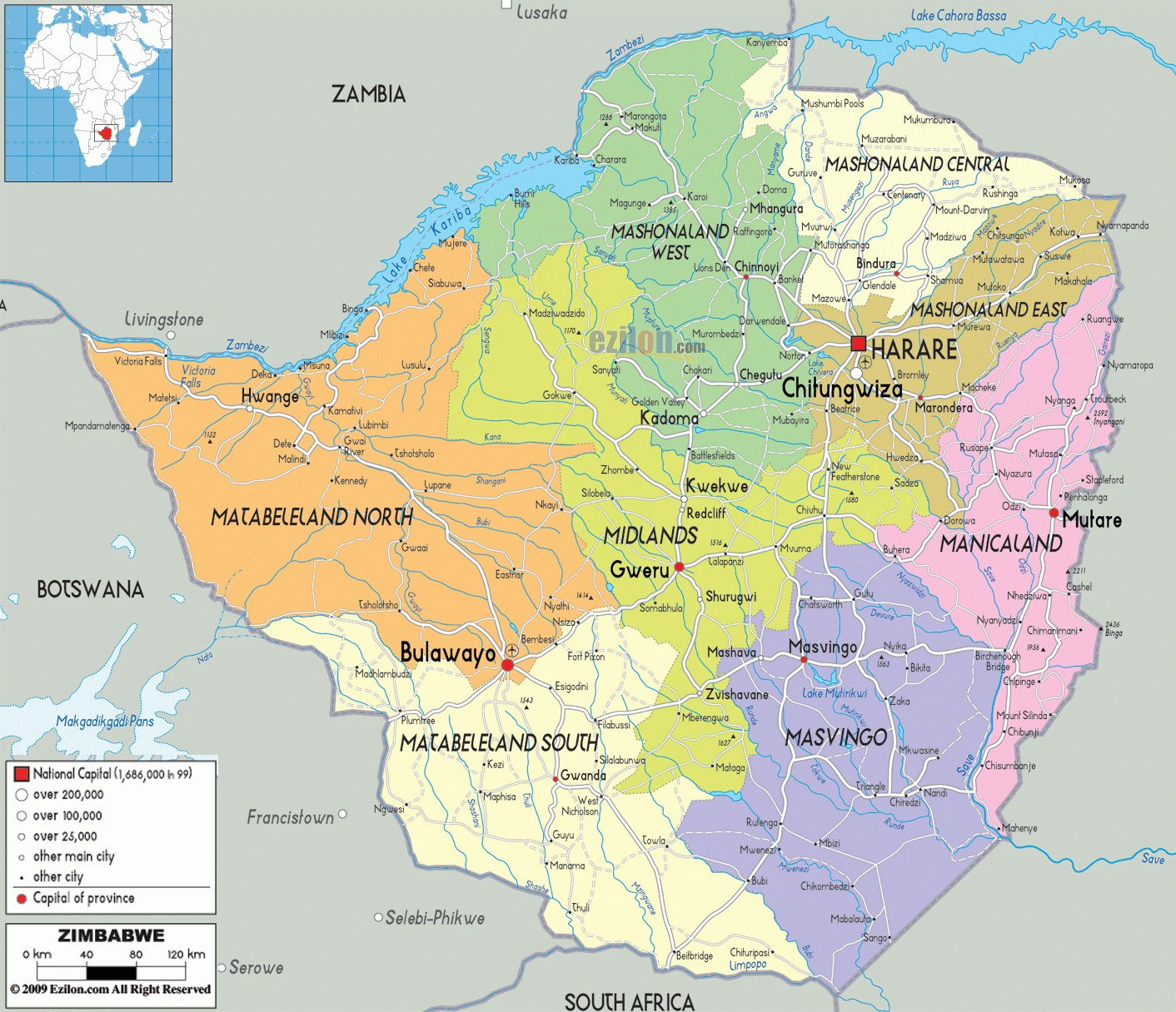 Detailed Political Map Of Zimbabwe Ezilon Maps