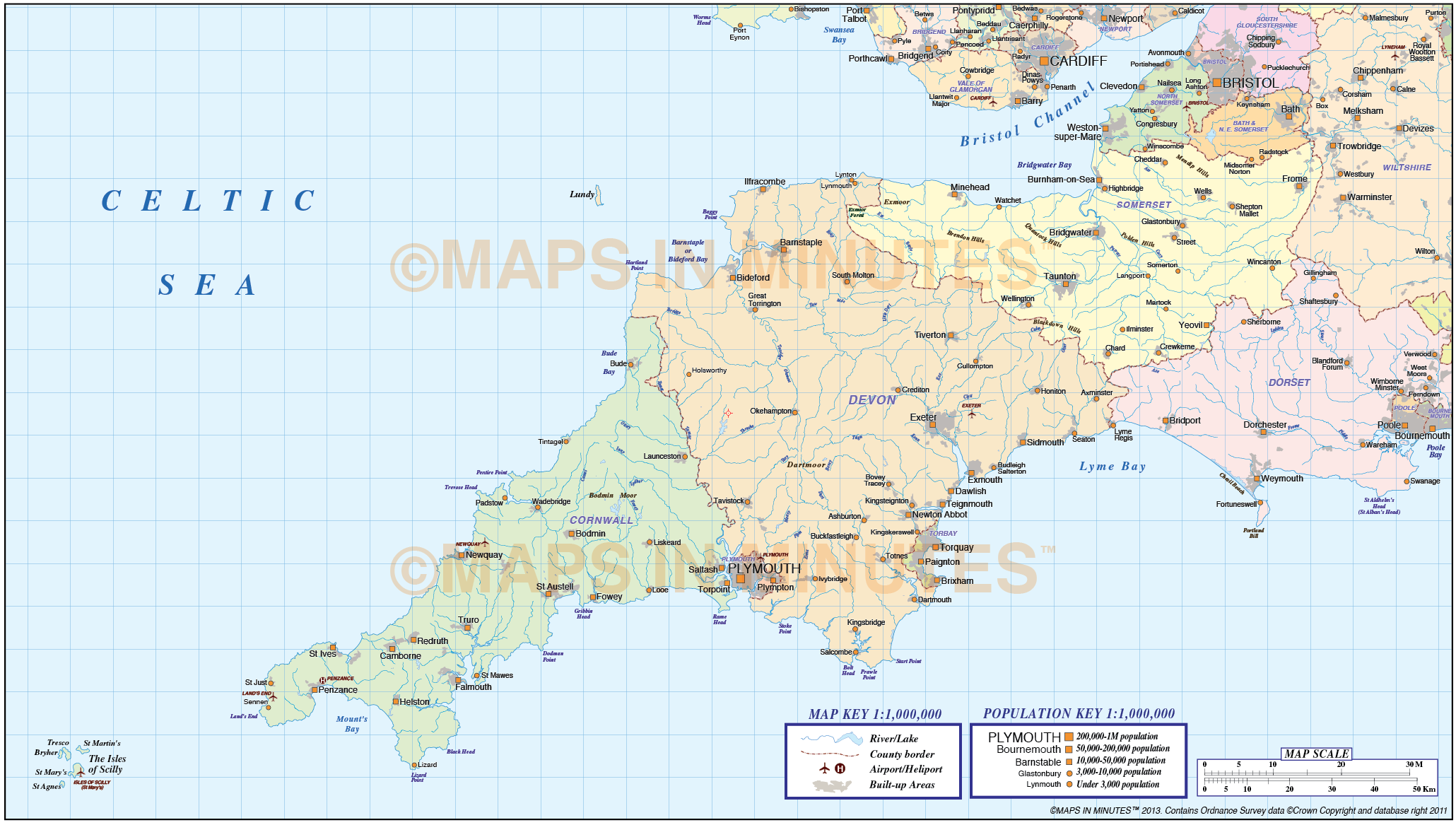 Digital vector south west england map in illustrator CS 