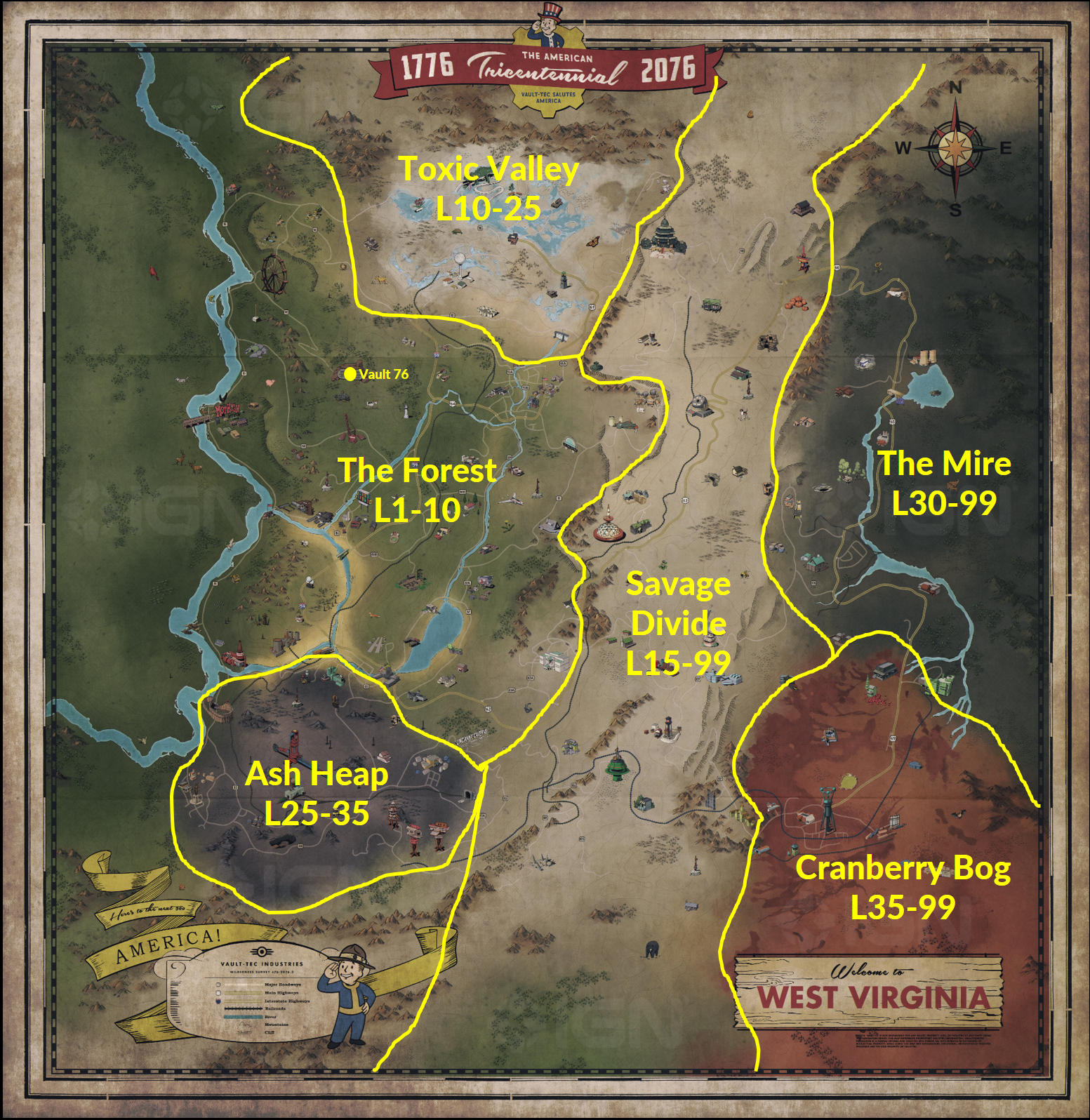 Fallout 76 Full Zone Map With Recommend Level Range Fallout 76 Full Zone Map With Recommend Level Range