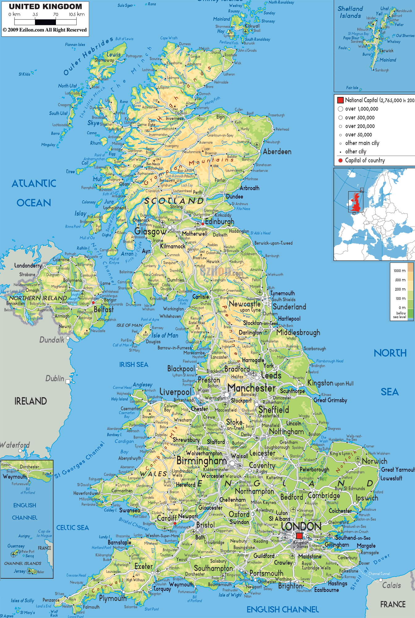 Large Detailed Physical Map Of United Kingdom With All 