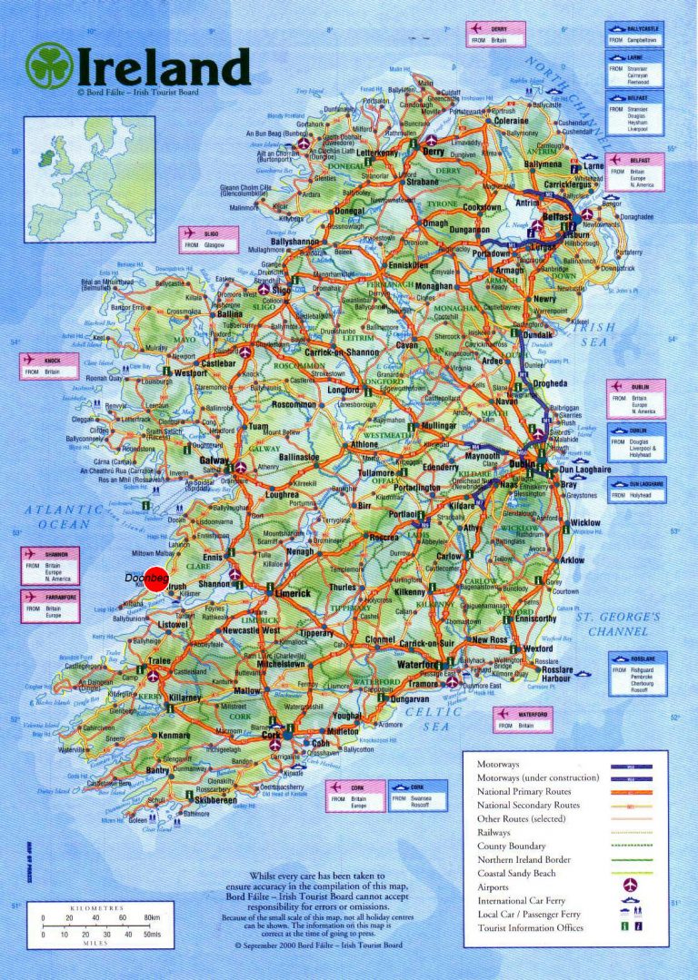 Large Detailed Road Map Of Ireland With Cities Airports