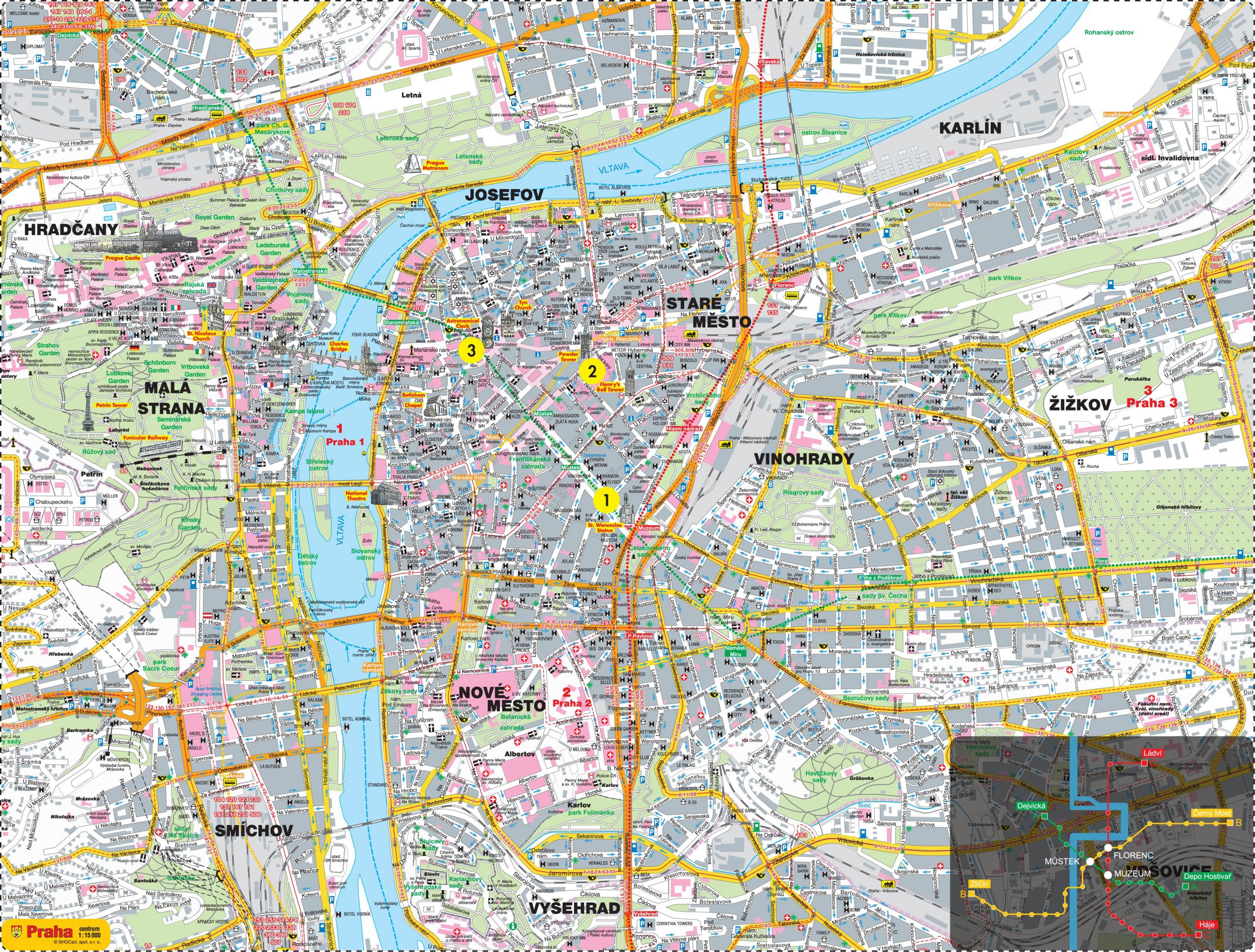 Large Detailed Road Map With All The Sights Of Prague City 