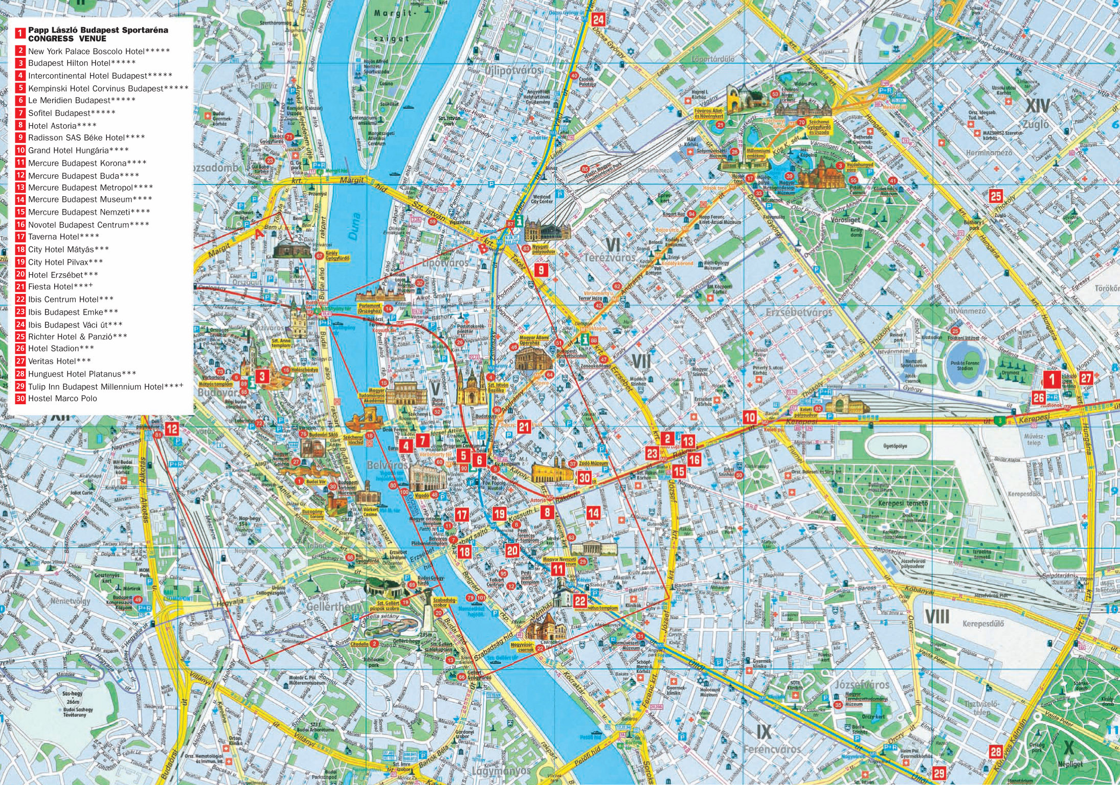 Large Detailed Tourist And Hotels Map Of Budapest City 