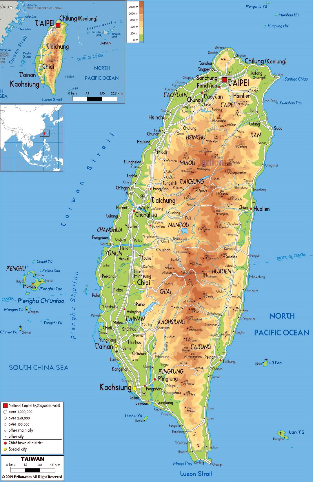Large Physical Map Of Taiwan With Roads Cities And 