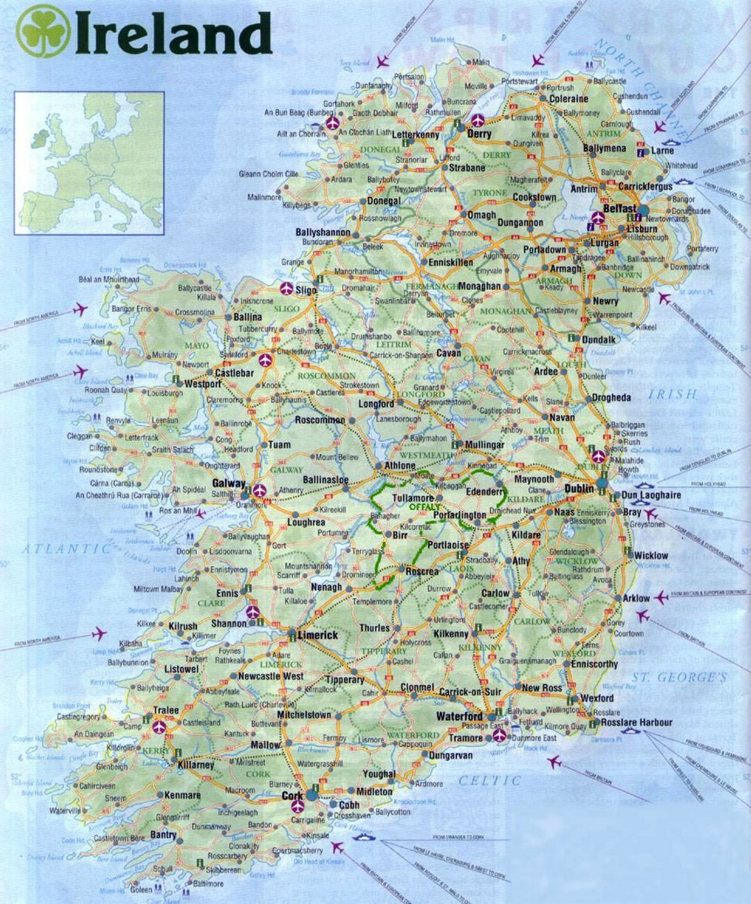 Large Road Map Of Ireland With All Cities Airports And 