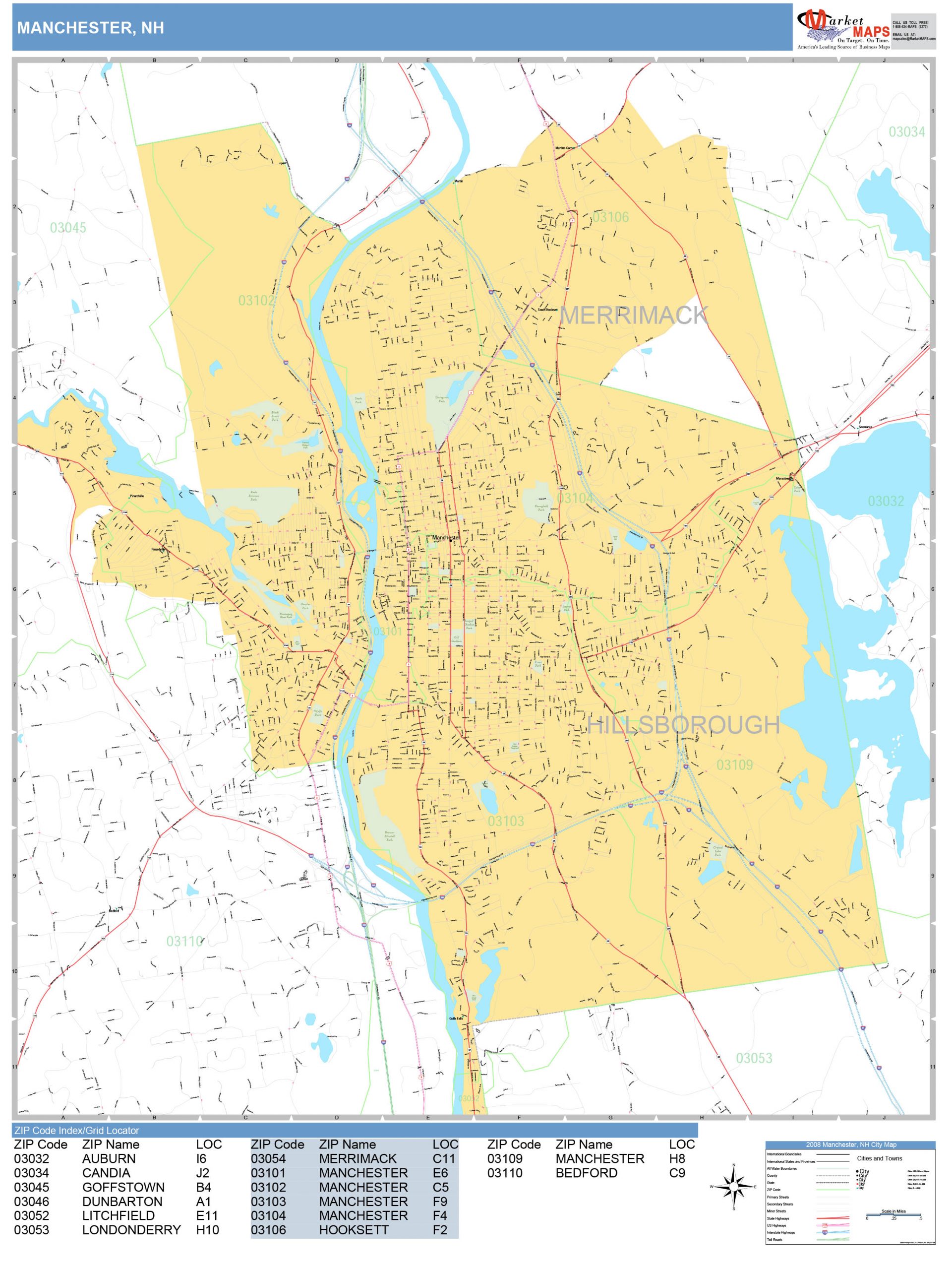 Manchester New Hampshire Wall Map Basic Style By MarketMAPS