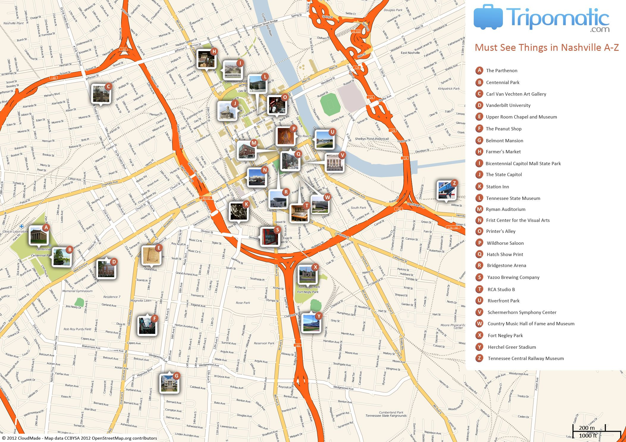 Nashville Printable Tourist Map Nashville Attractions 