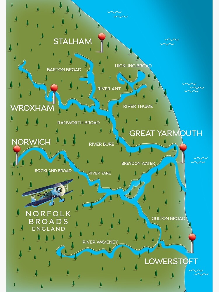 Norfolk Broads Navigation Map Framed Art Print By