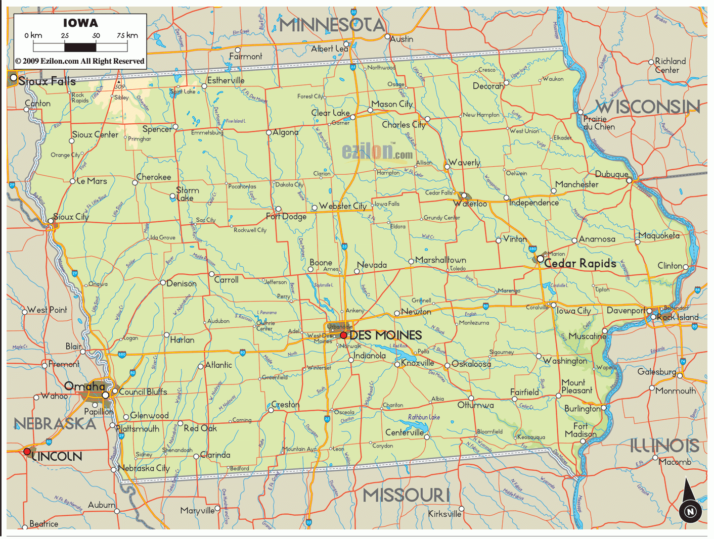 Physical Map Of Iowa Ezilon Maps