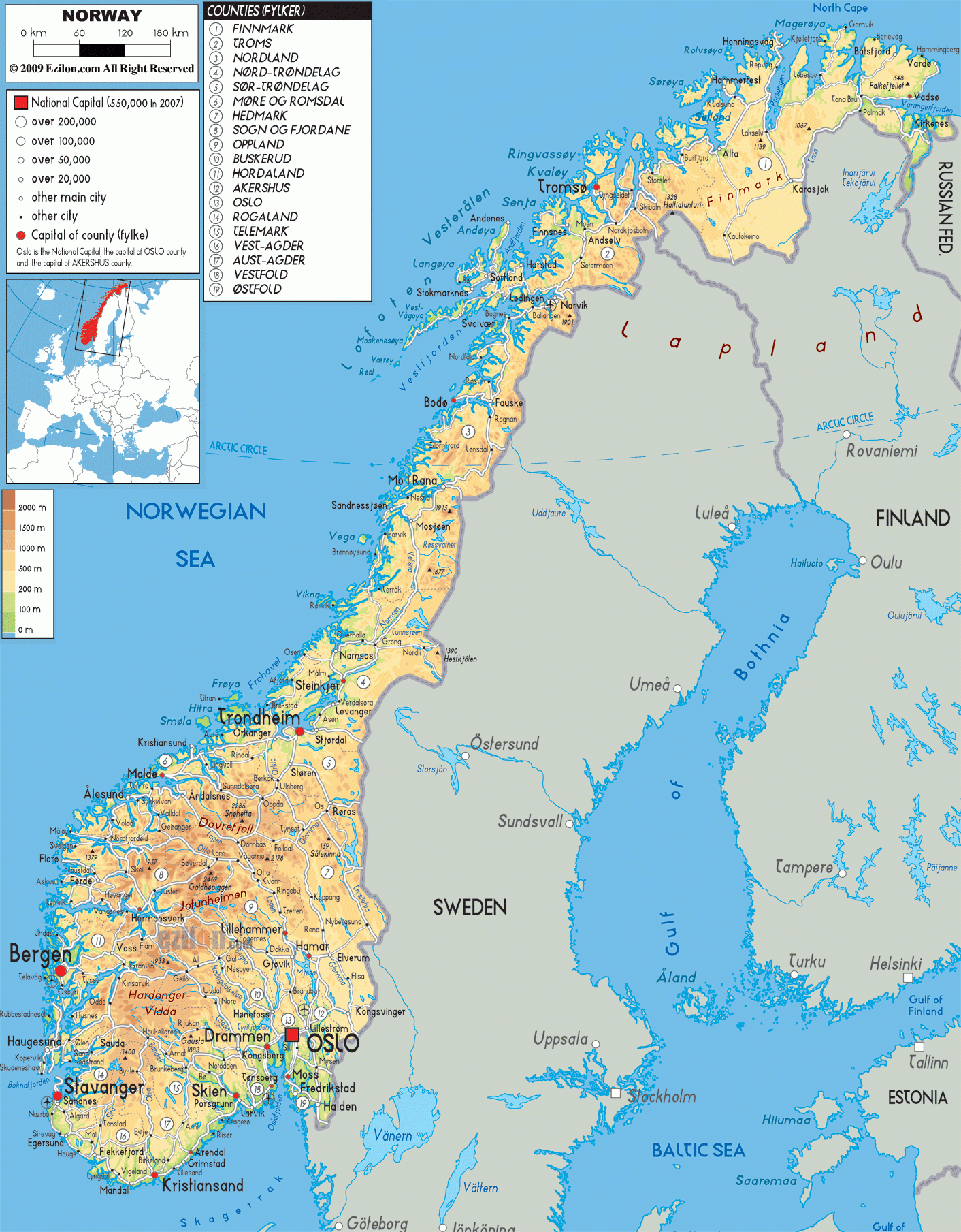 Physical Map Of Norway Ezilon Maps