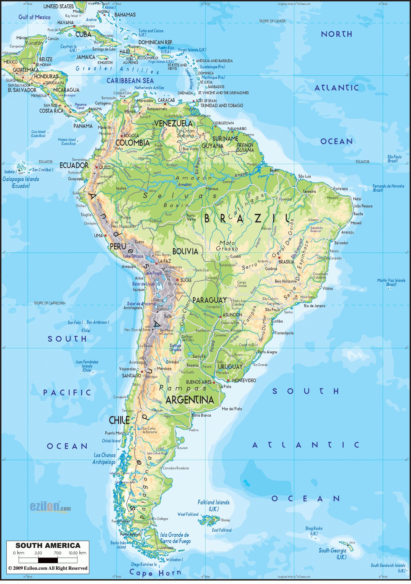 Physical Map Of South America Ezilon Maps