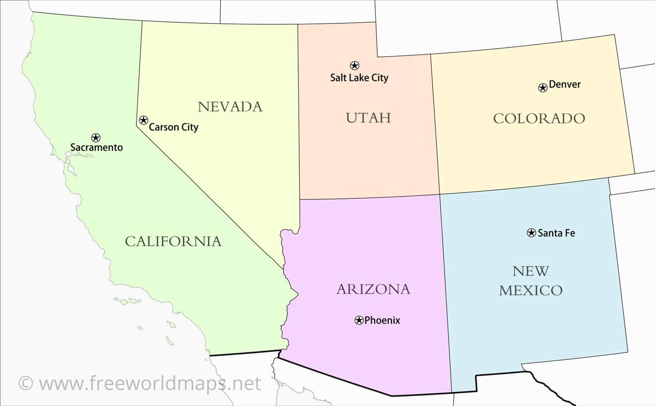 Southwestern US Political Map By Freeworldmaps